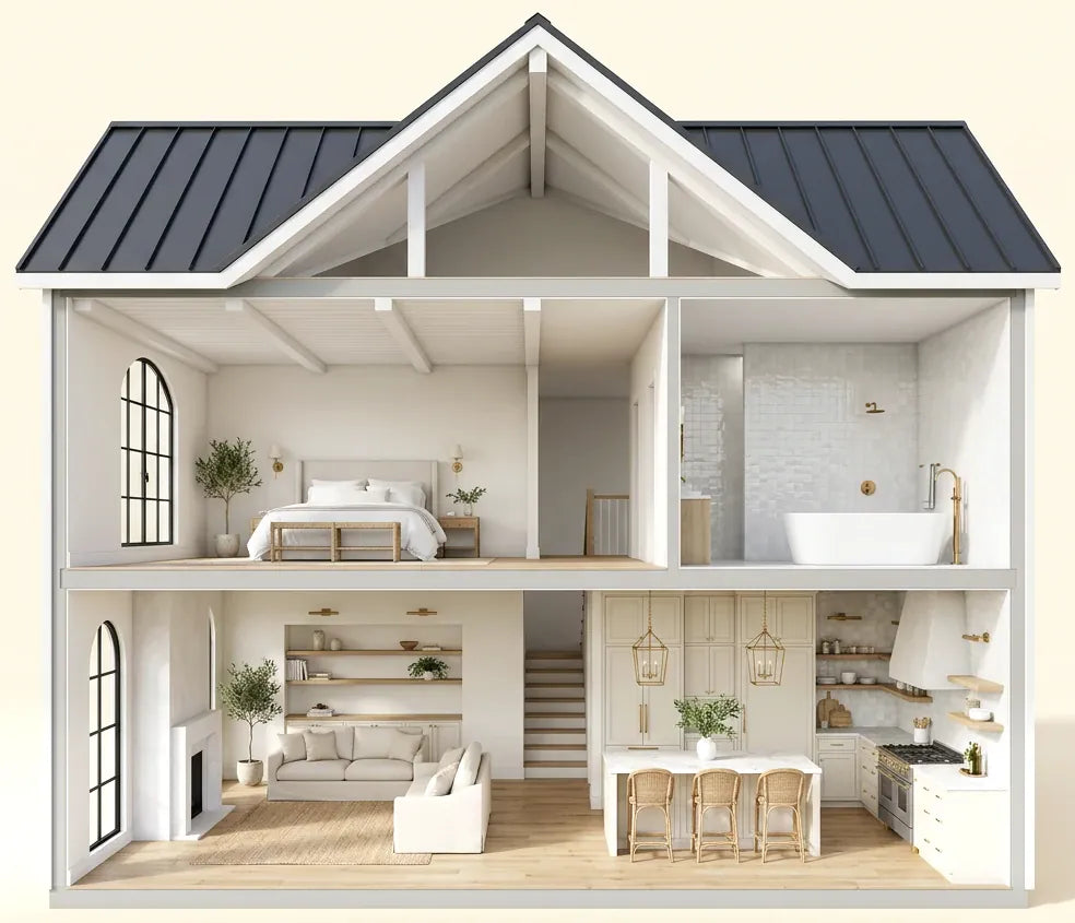 Cut-away house with an open-plan living room and kitchen downstairs and a bedroom upstairs