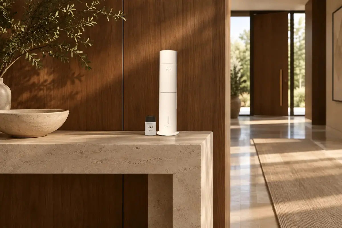 An Aura Scent Diffuser in cream on a limestone console in a sunlit entryway